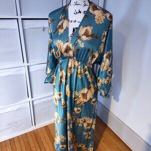 Baltic Born Long Sleeve Floral Maxi Dress Aqua w/ Gold Floral Print Medium EUC